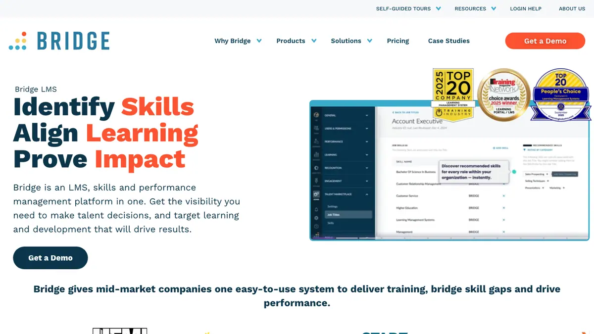Bridge LMS home page with a learning headline and platform dashboard preview.