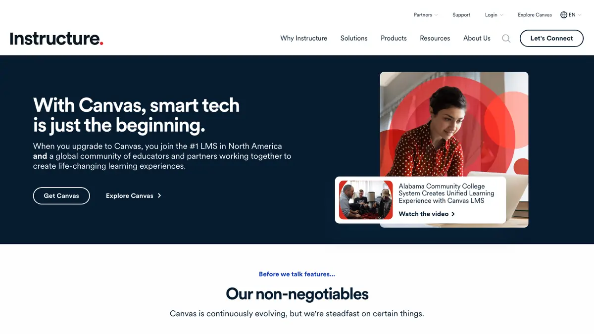 Instructure Canvas product page with a Canvas headline and learner image.