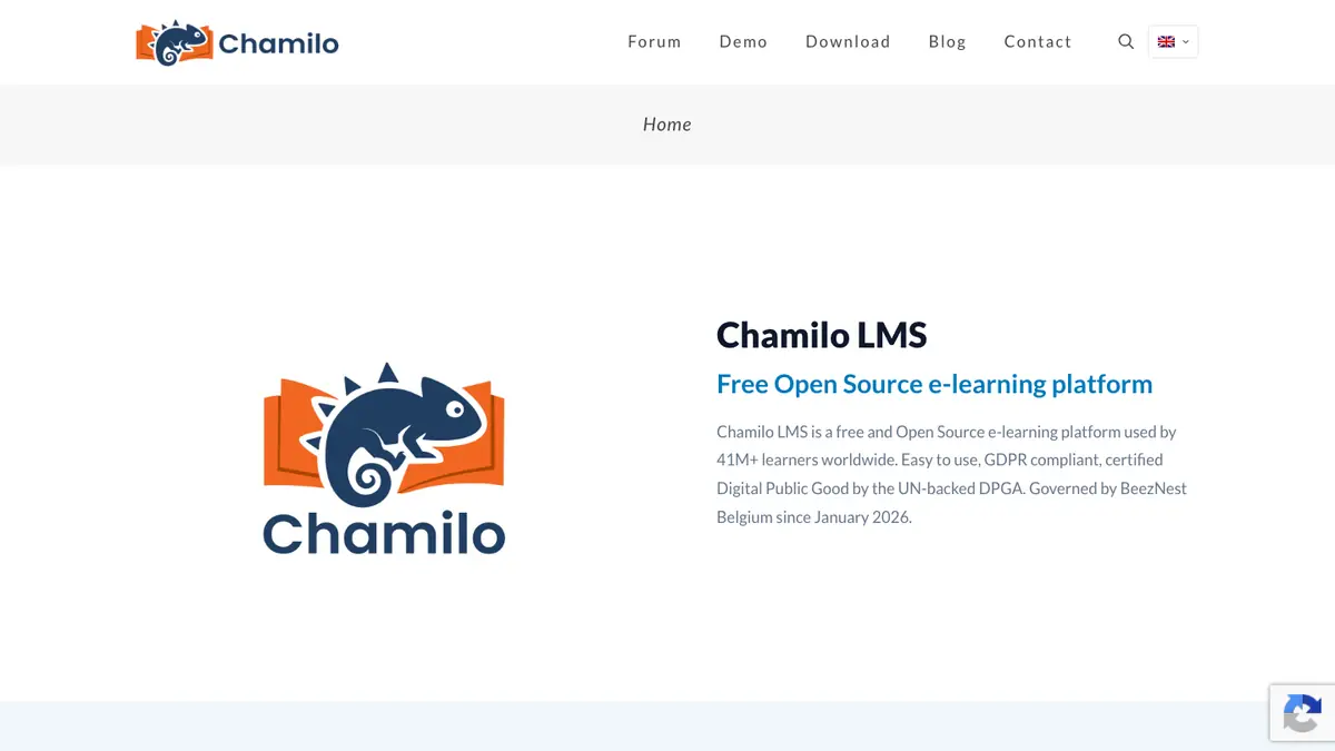 Chamilo official homepage with the Chamilo LMS mark and description.