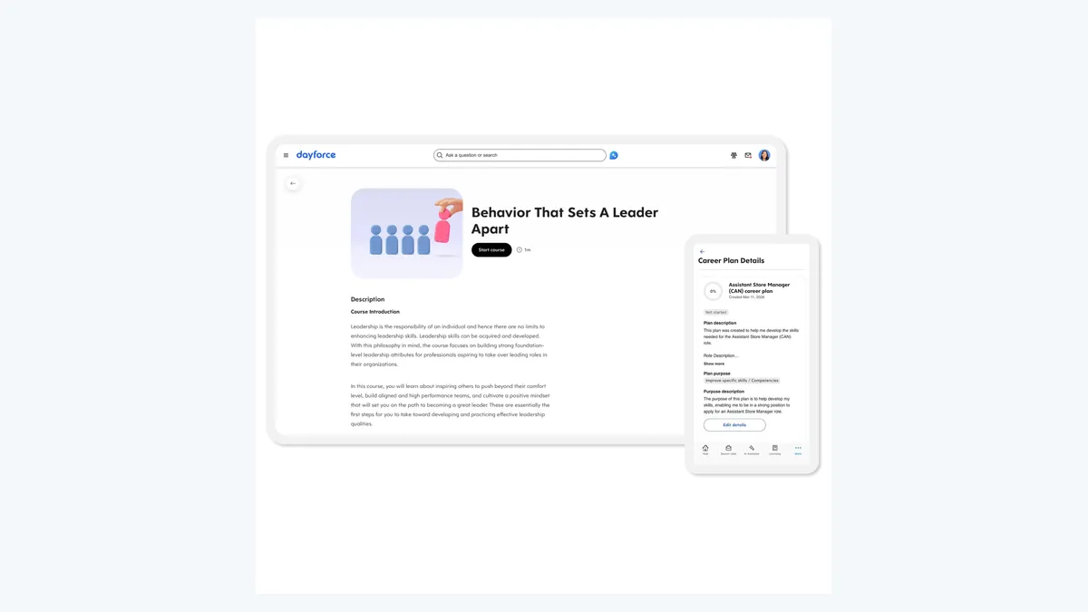 Dayforce Learning course page displayed on desktop and mobile devices.