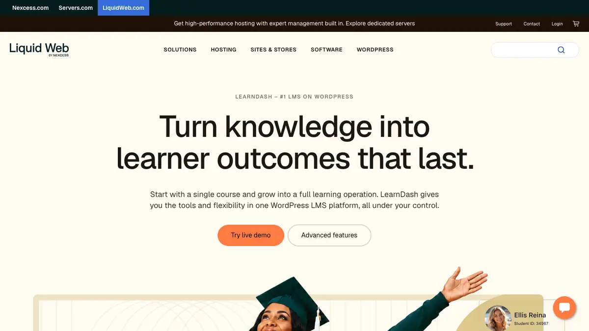LearnDash product page on Liquid Web with its WordPress LMS headline.