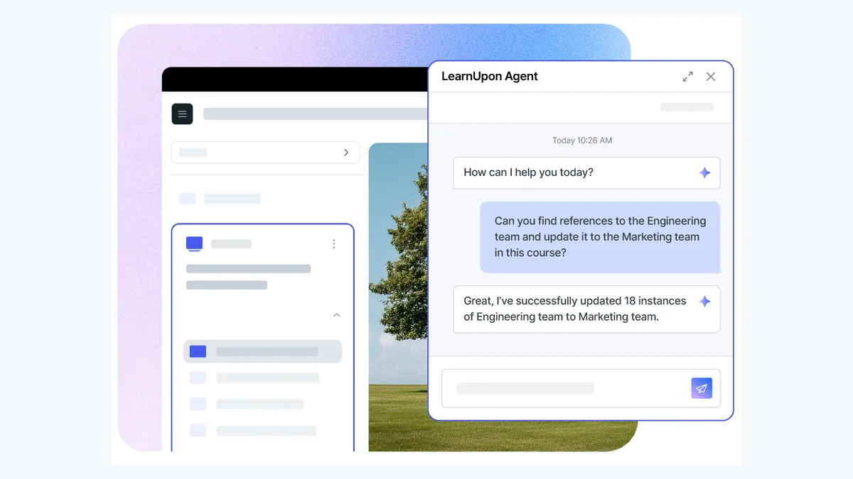 LearnUpon Create+ editor interface with learning agent panel.