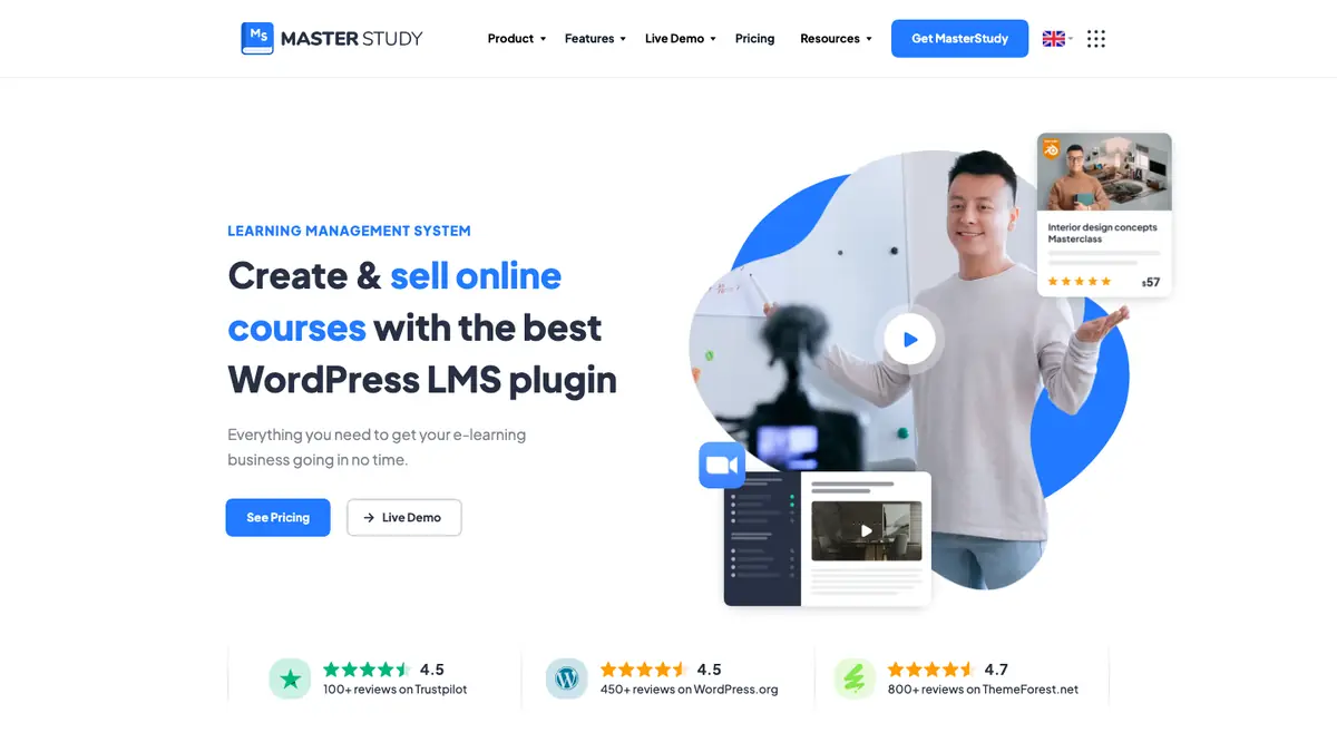 MasterStudy LMS plugin homepage with a course product preview.