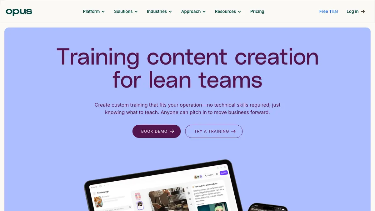 Opus training creation page with a course authoring preview.