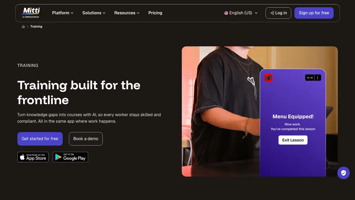Mitti training page showing a mobile lesson completion card beside a frontline worker.