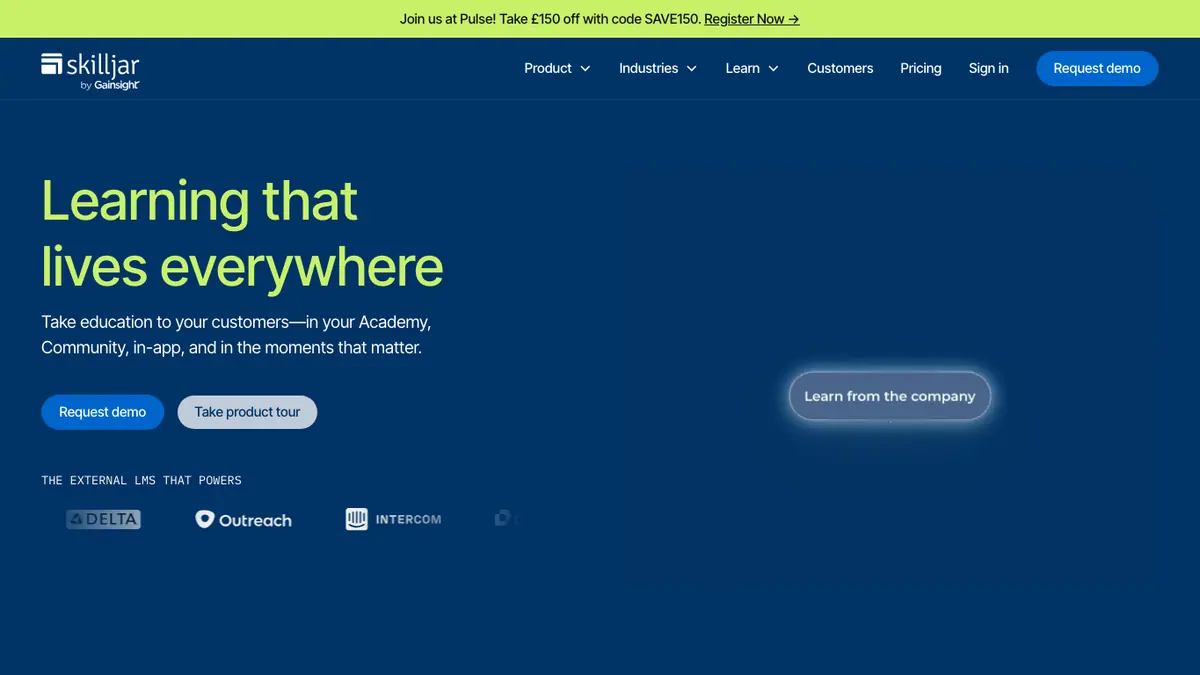 Skilljar by Gainsight home page with customer education headline.
