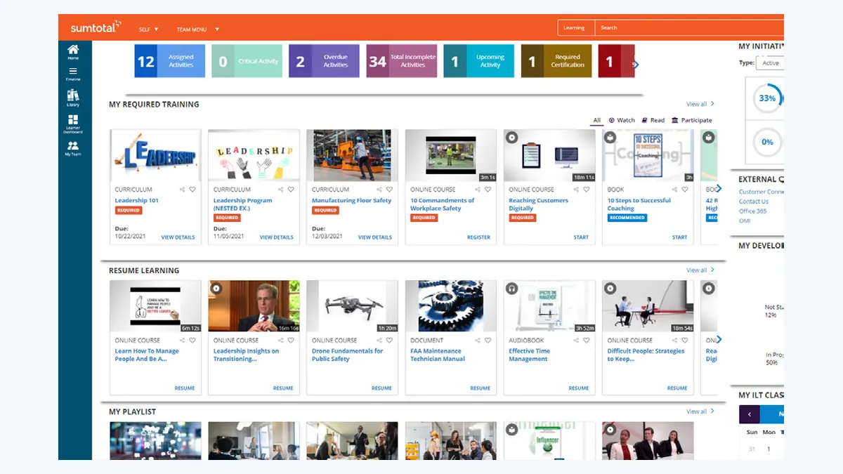 SumTotal Learn learner dashboard with required and resumed training cards.