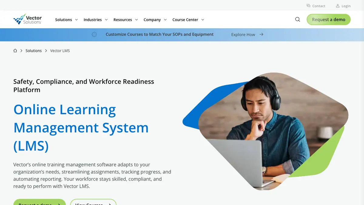 Vector LMS product page with online learning headline and workforce image.