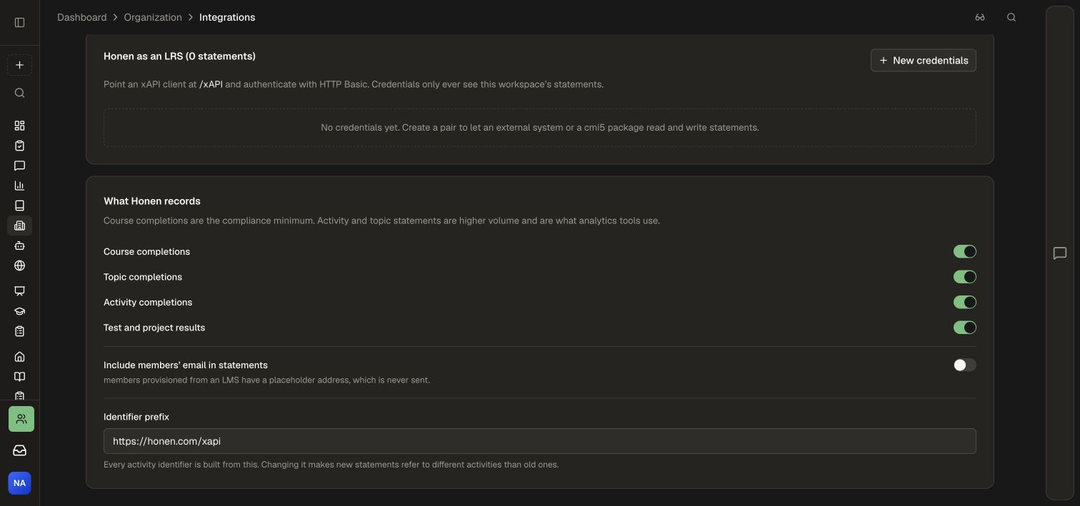 The demo workspace's xAPI event selection, email option, and identifier prefix