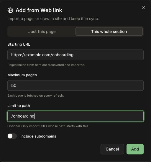 Configure a section crawl with a starting URL, page limit, and path prefix