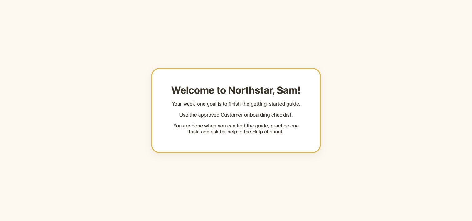 Rendered fictional Northstar welcome page in the sandbox preview