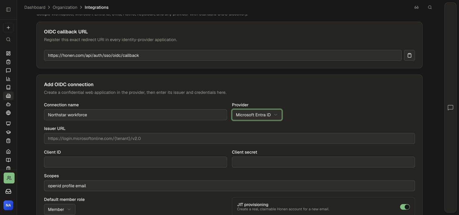 The OIDC setup form with the Microsoft Entra ID preset and a fictional connection name