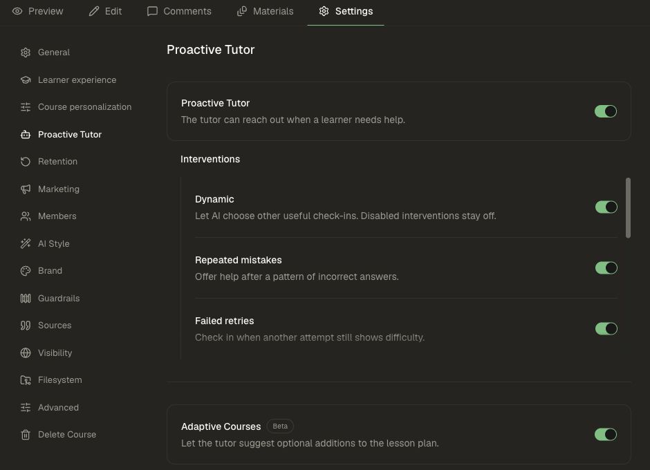 Proactive Tutor settings with Dynamic first in the scrollable intervention list
