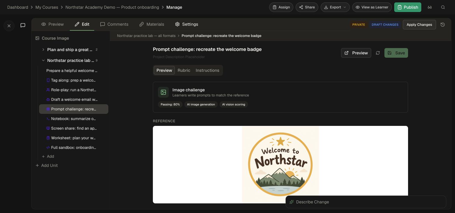 Prompt Challenge editor with the fictional Welcome to Northstar reference badge
