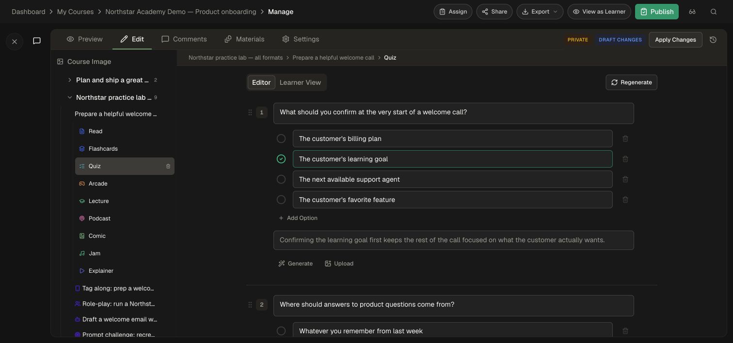 The quiz editor highlights the answer key and provides an explanation field