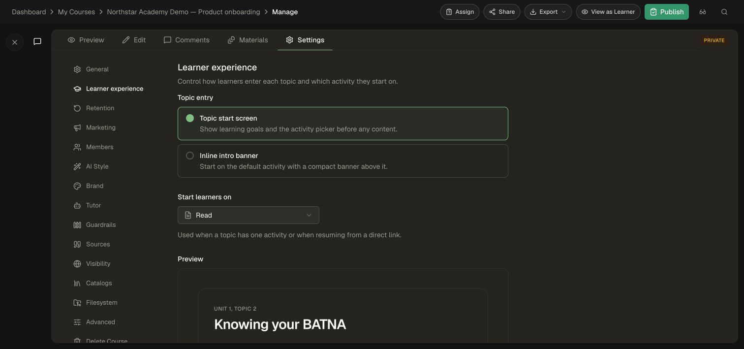 Topic entry choices and default activity