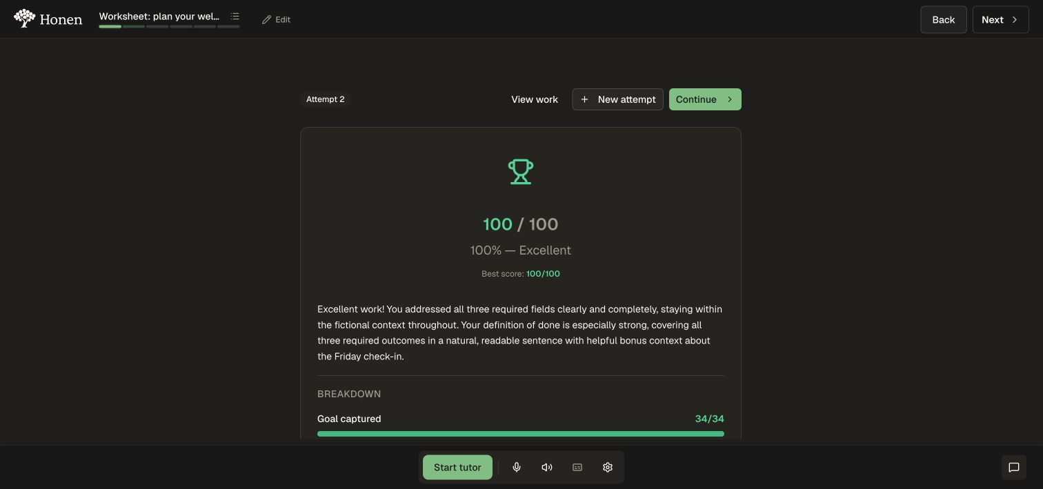 The submitted form receives a score and criterion-by-criterion feedback