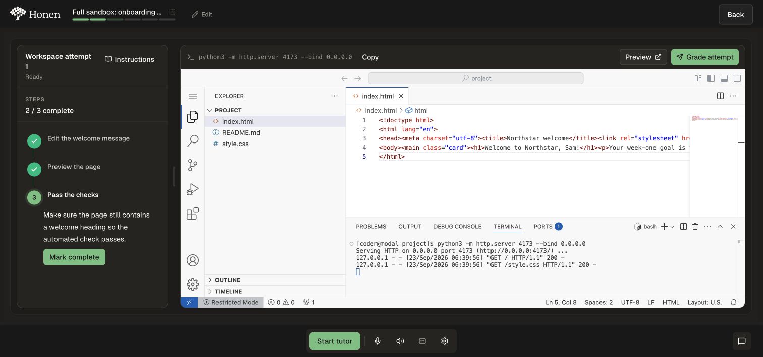 Learner sandbox showing saved HTML and a running Python development server