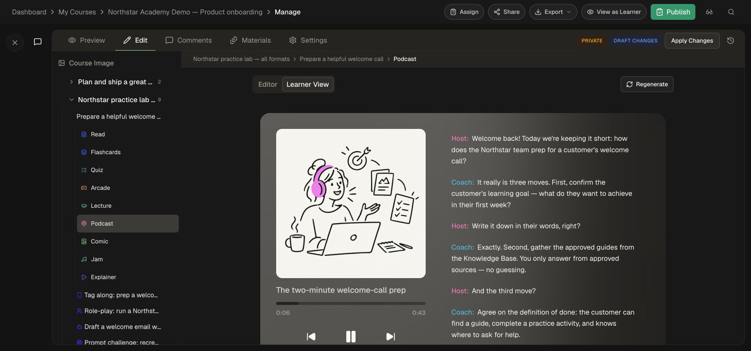 The demo podcast playing with its transcript visible