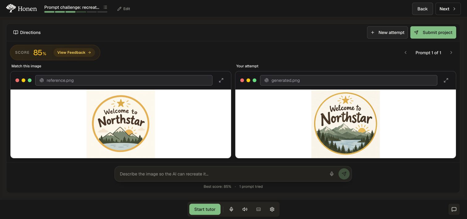 Reference and generated welcome badges with an 85% visual match