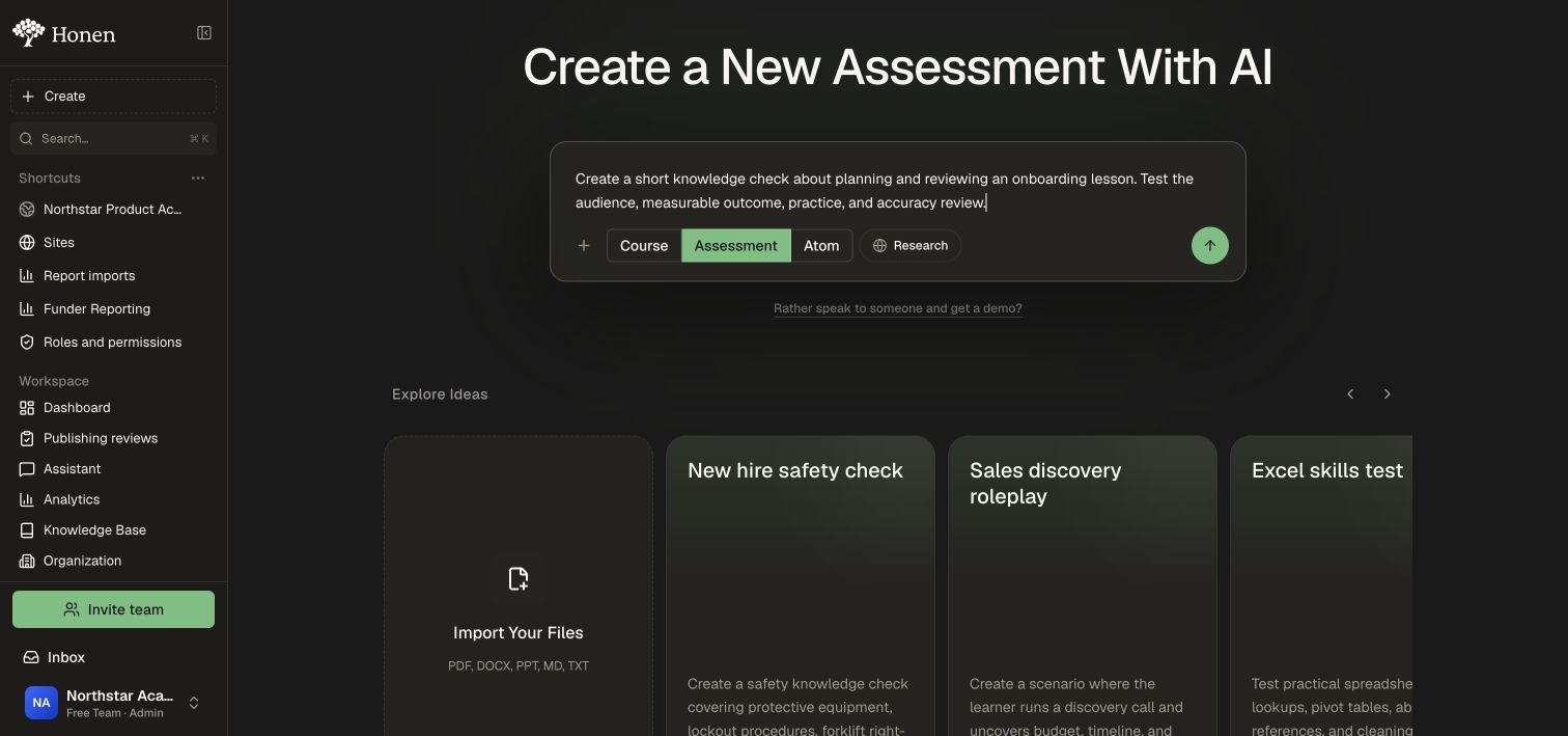 The Assessment composer with a fictional onboarding knowledge-check brief