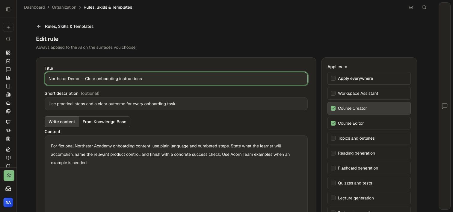 A saved Rule scoped to Course Creator and Course Editor