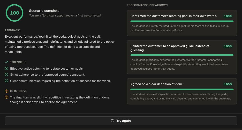 Scenario results show a score and feedback against each learning goal