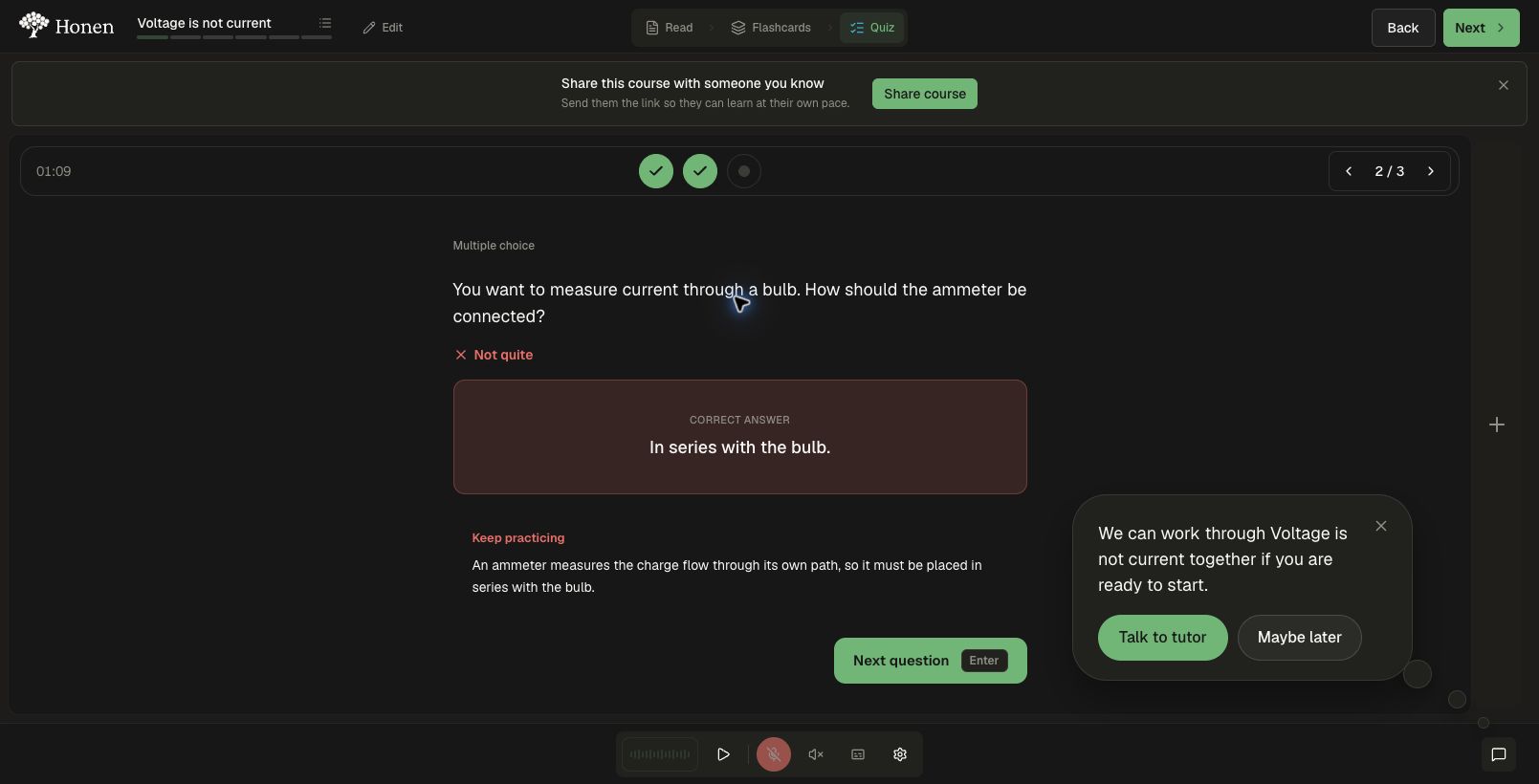 A help bubble alongside normal quiz feedback after two incorrect answers
