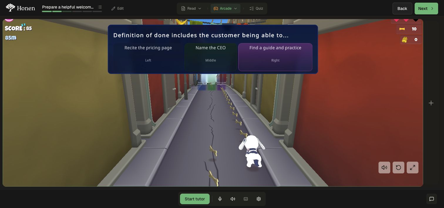 An onboarding question during City Run, with the right-hand answer lane selected