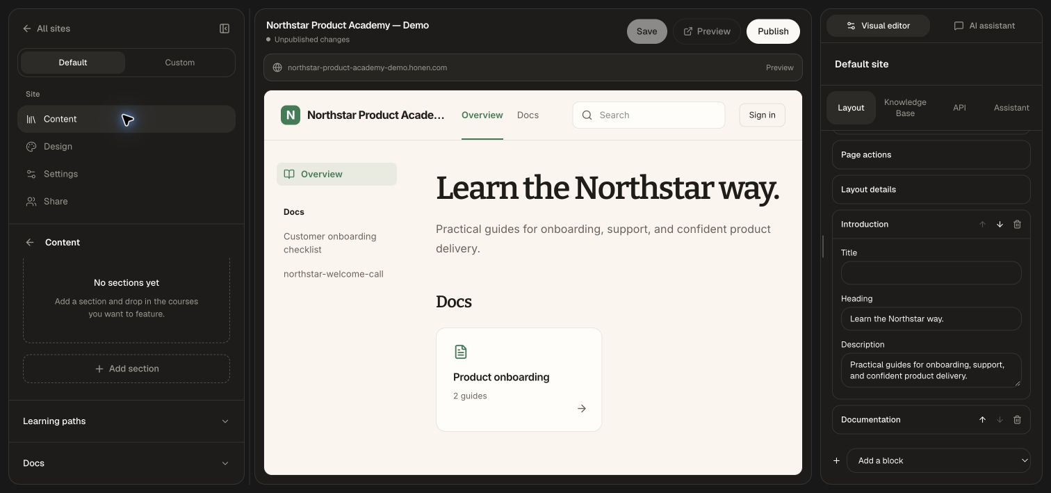 Northstar's documentation academy in the visual editor