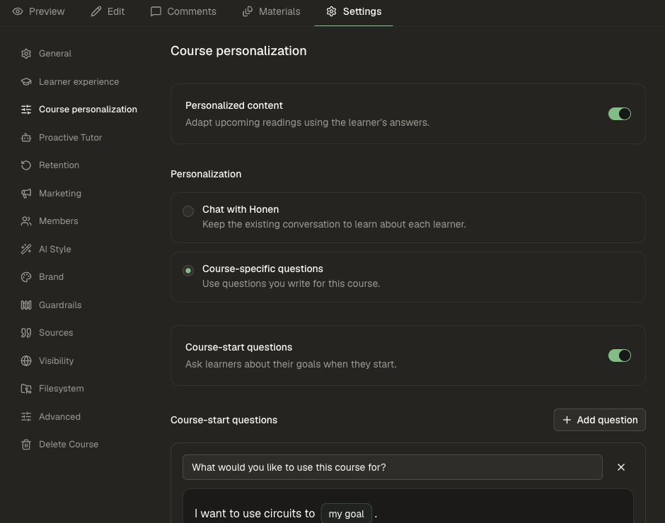 Course personalization controls with personalized content first