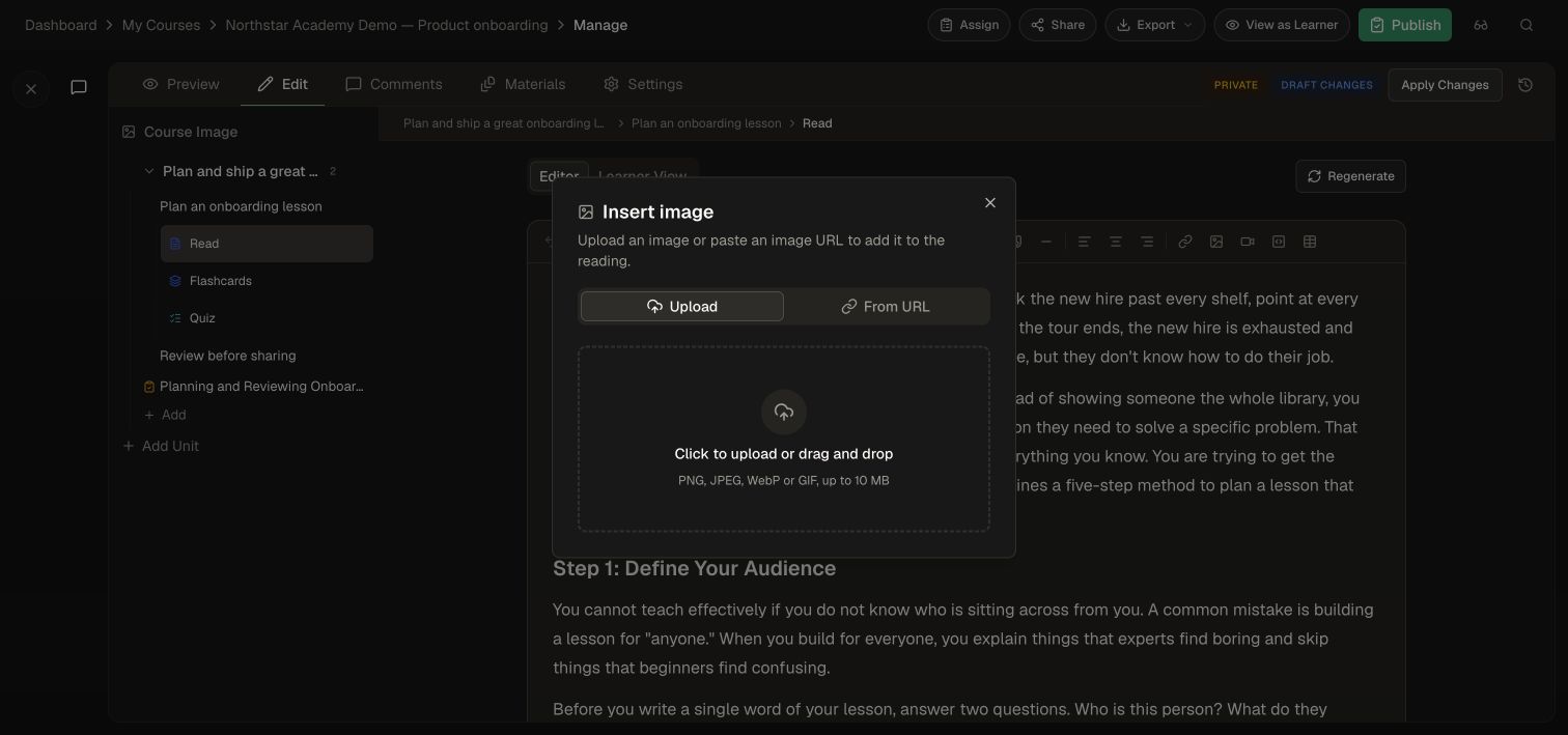 Image insertion offers upload and URL options