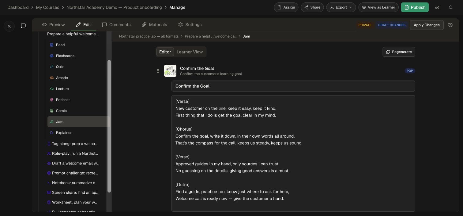 The Jam editor shows the fictional song title and full lyrics before regeneration