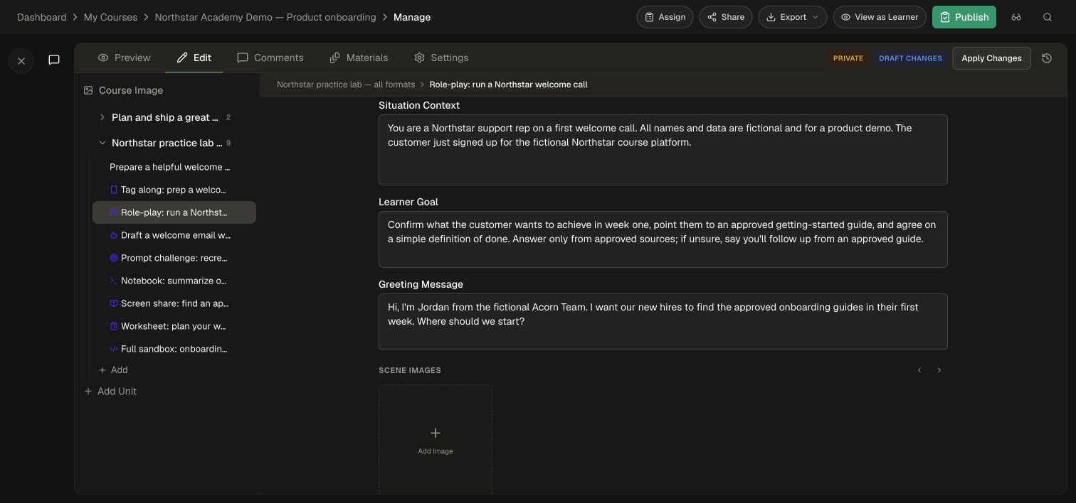 Scenario Story settings with fictional customer context and learner goal