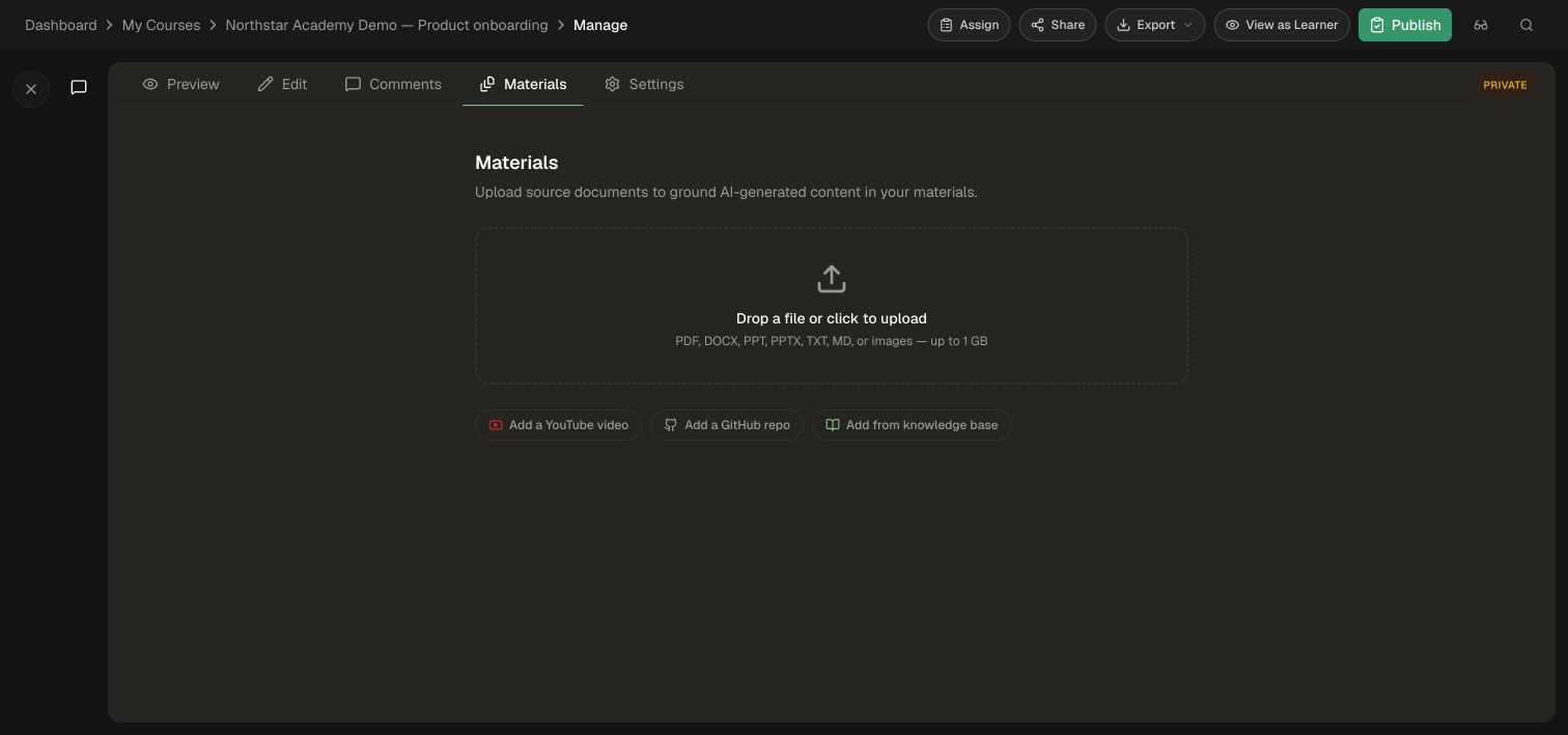 The course Materials screen