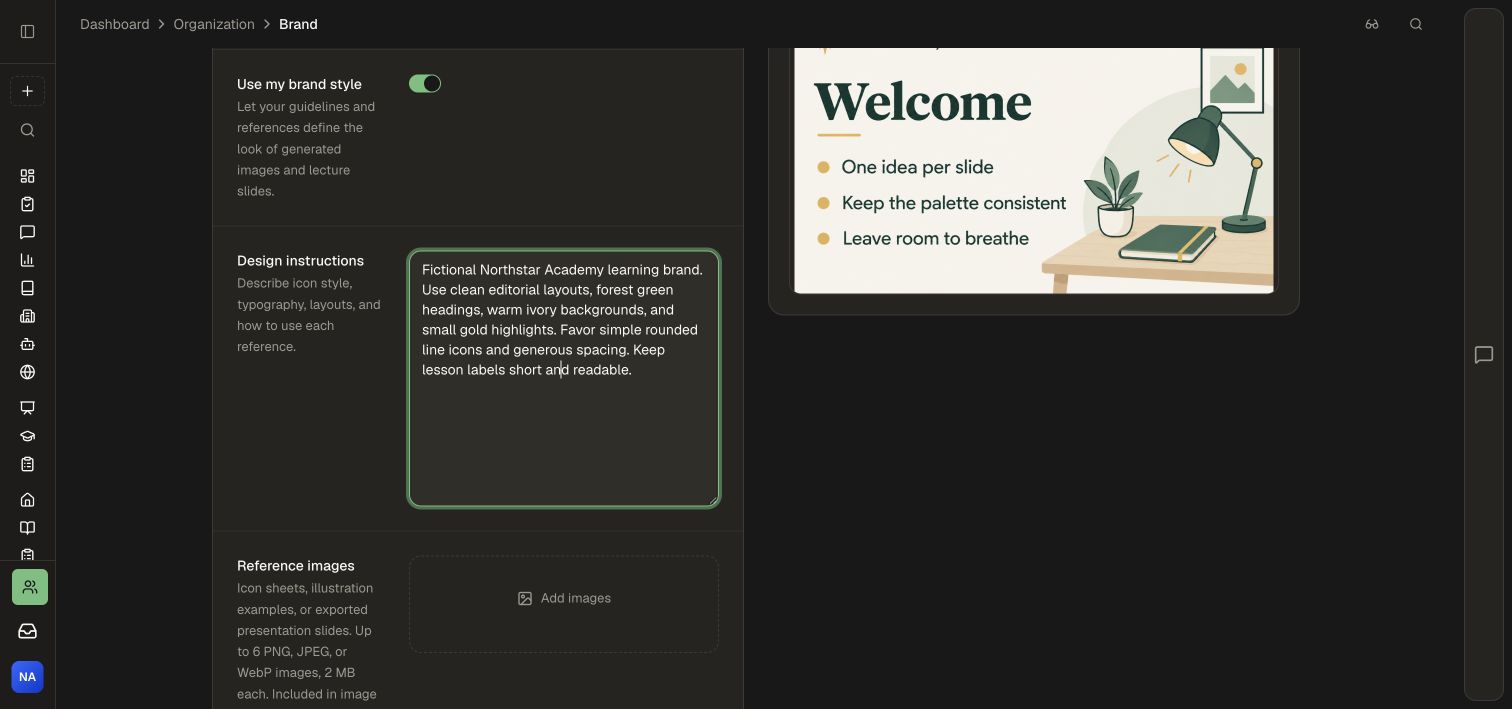 Saved design instructions and the matching lecture preview for Northstar Academy