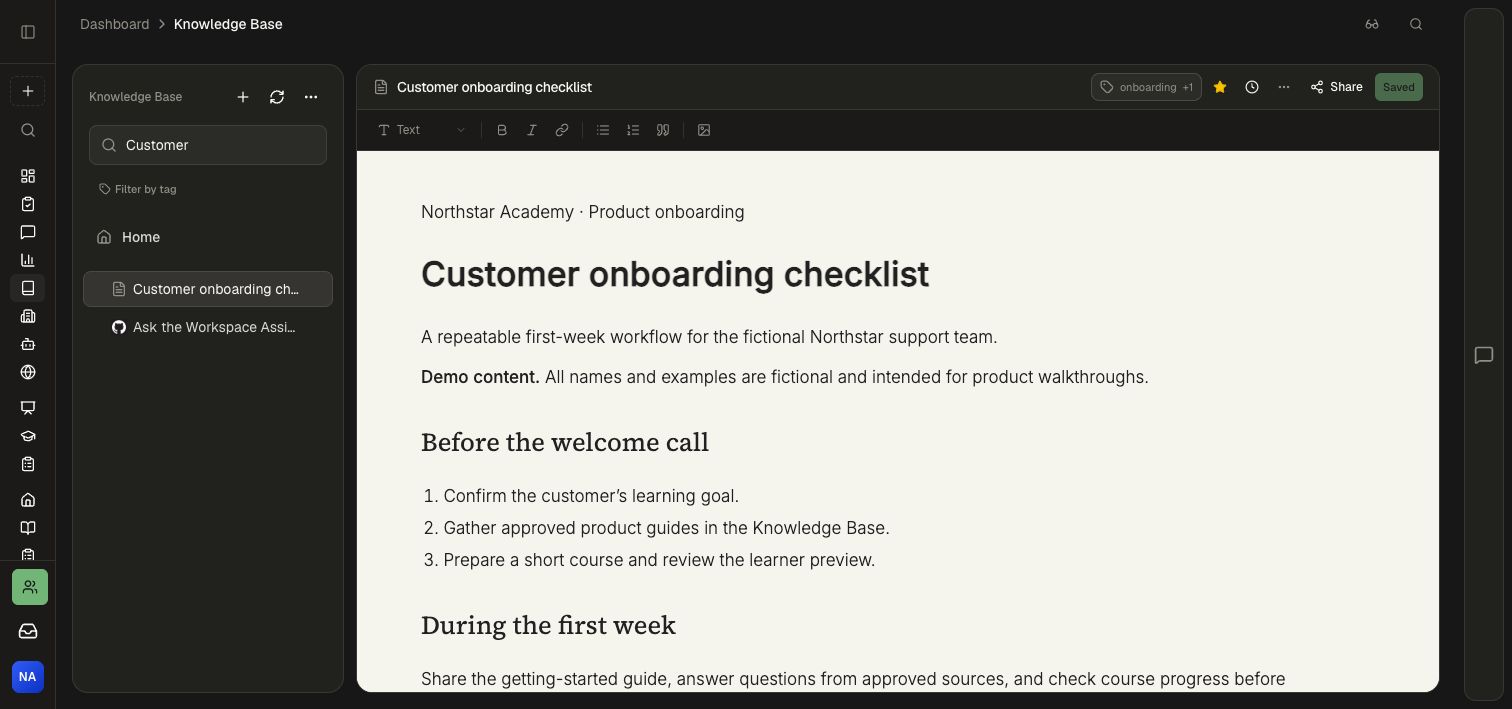 Knowledge Base search narrows the list and opens the fictional Customer onboarding checklist