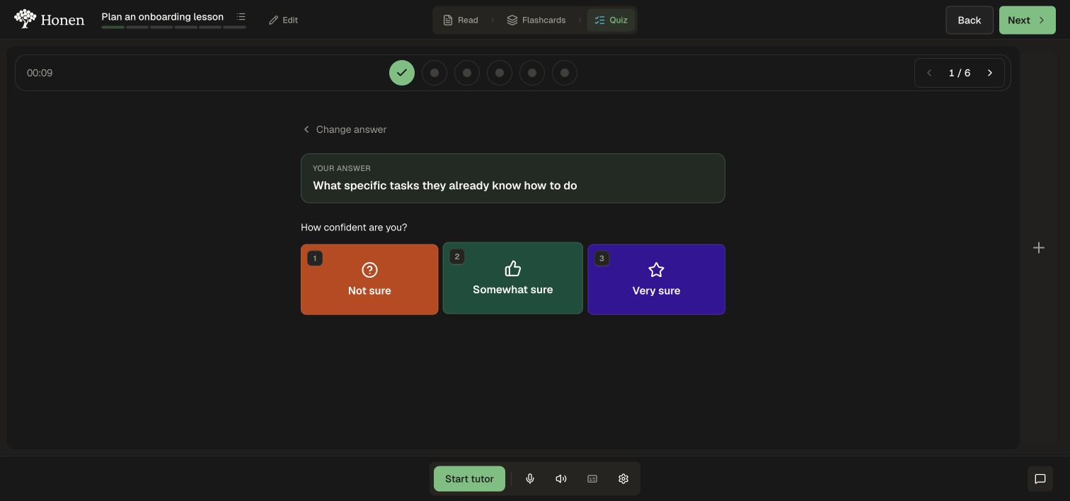 A quiz asks the learner to record confidence before feedback