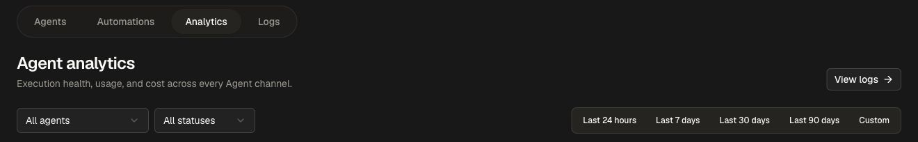 Agent analytics filters and the View logs action