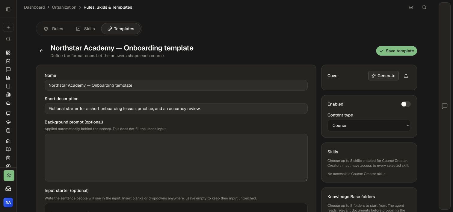 Name, description, and background-prompt controls in the fictional onboarding template