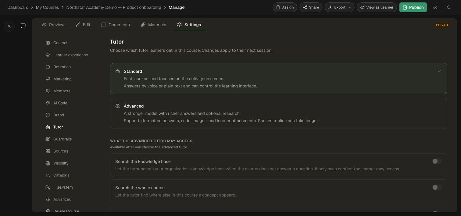 Standard and Advanced tutor settings