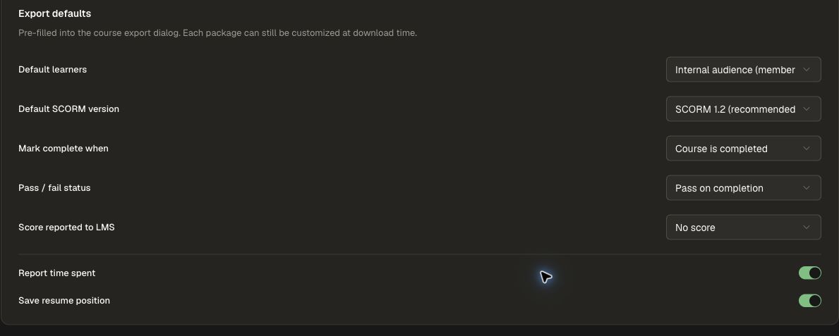 SCORM export default settings