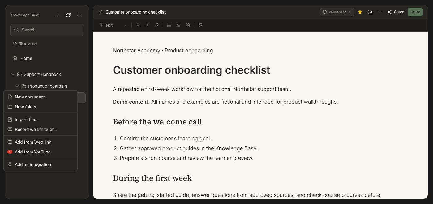 The add menu inside the fictional Product onboarding folder