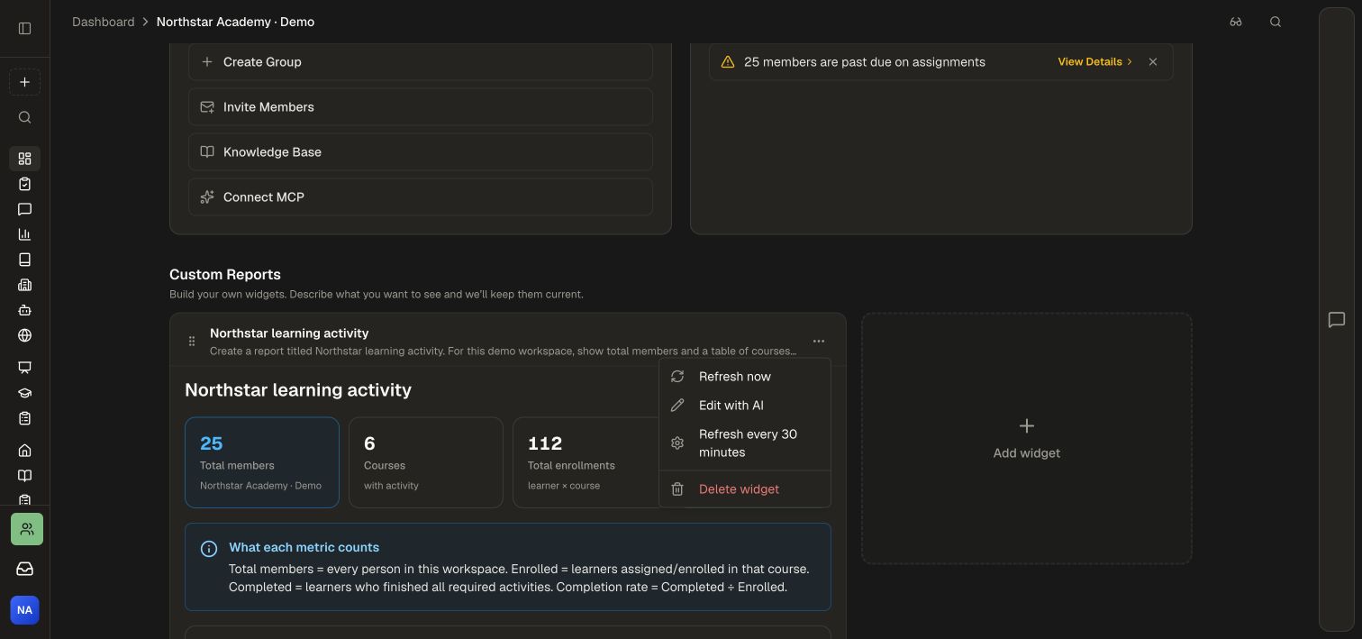 Custom report options for refreshing, editing with AI, and refresh cadence