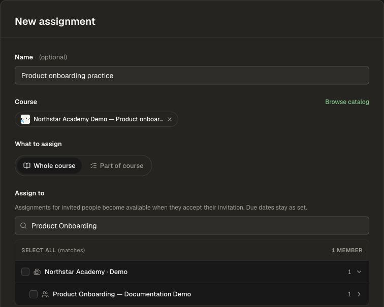Assignment name, content scope, and recipient search