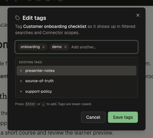 Add onboarding and demo tags to the checklist
