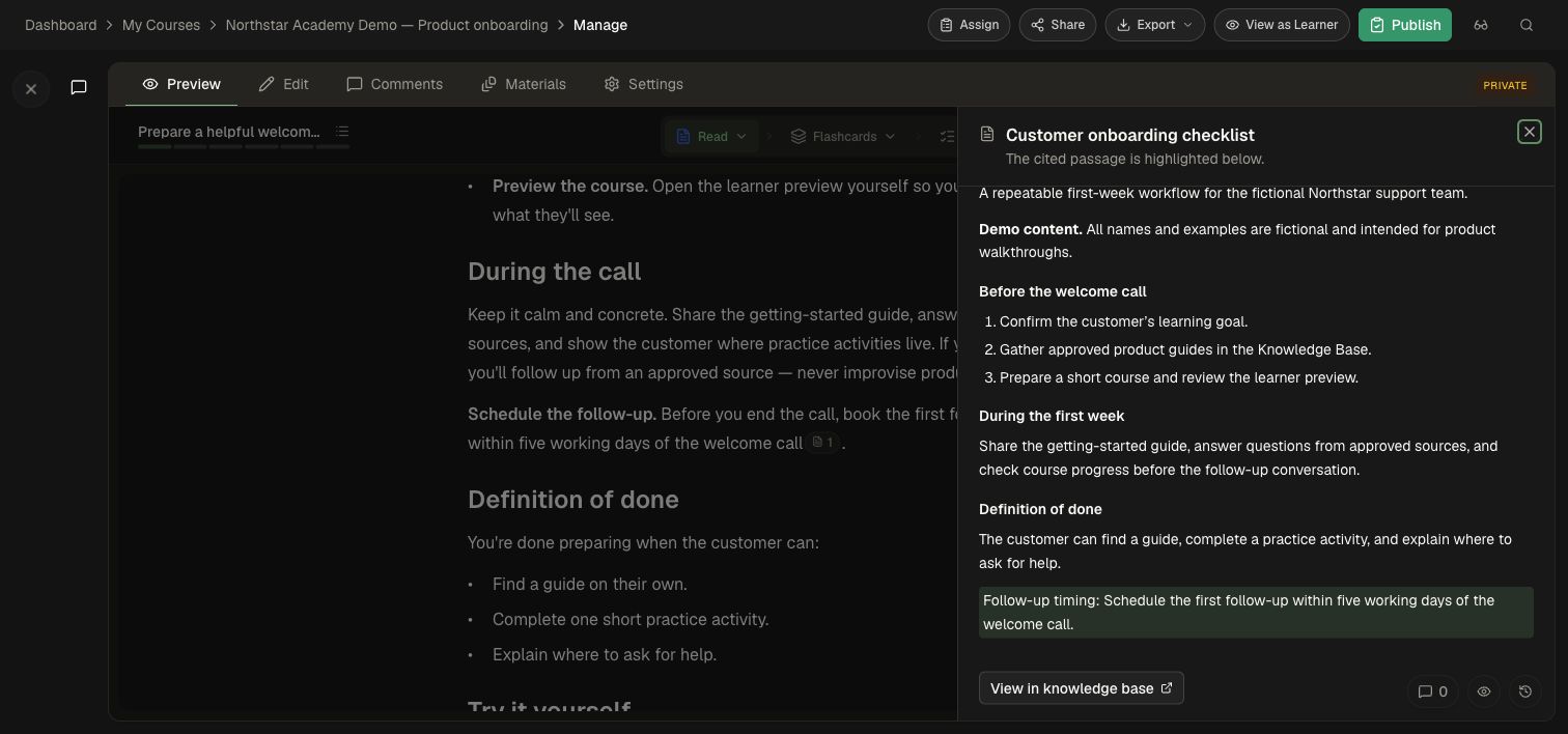 The revised lesson and its supporting passage in the Customer onboarding checklist