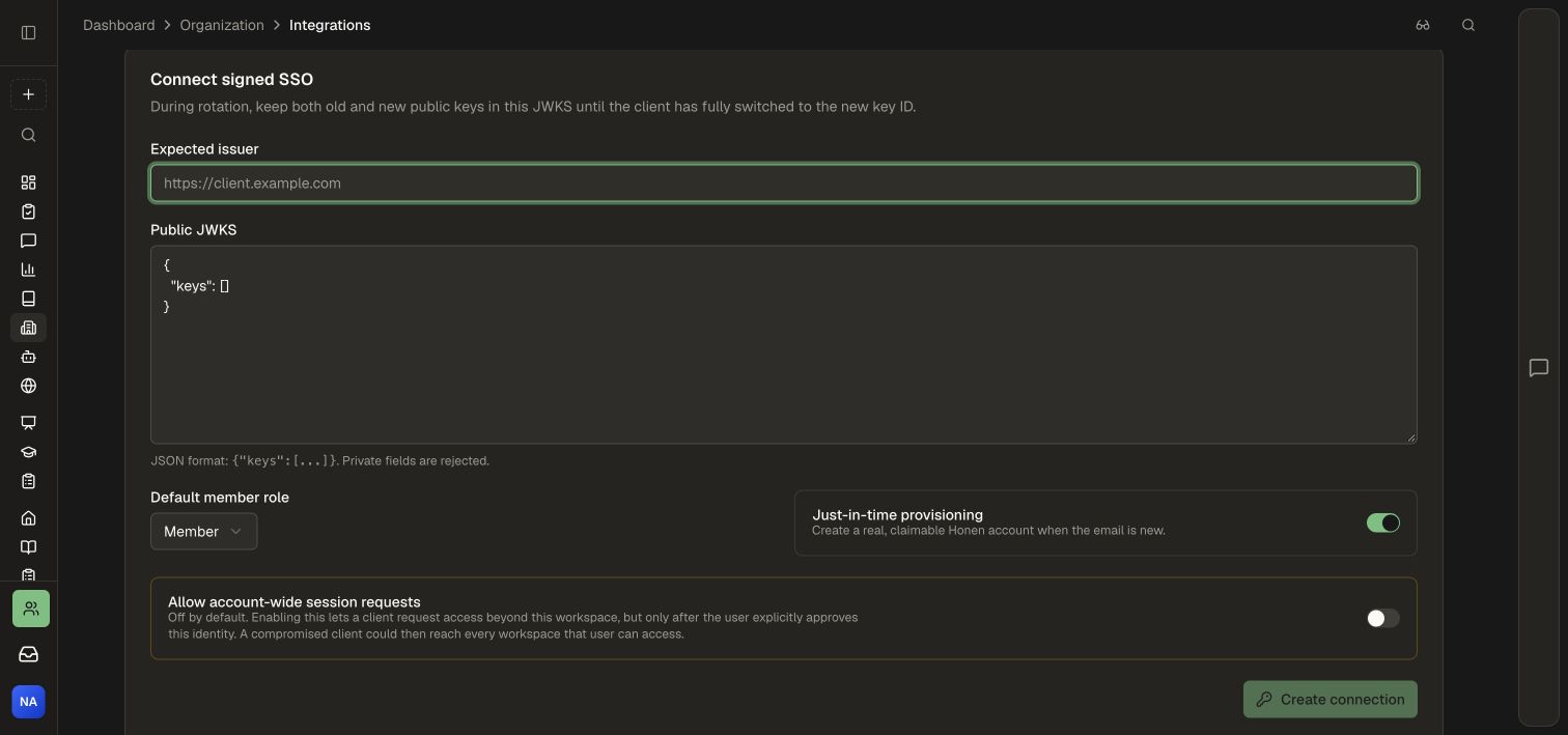 Signed SSO setup fields for issuer, public keys, provisioning, and session scope