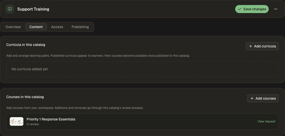 A catalog's Content tab shows where to add courses for learners