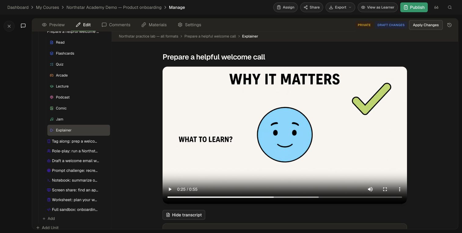 The demo explainer plays in Learner View, with a transcript available beneath it